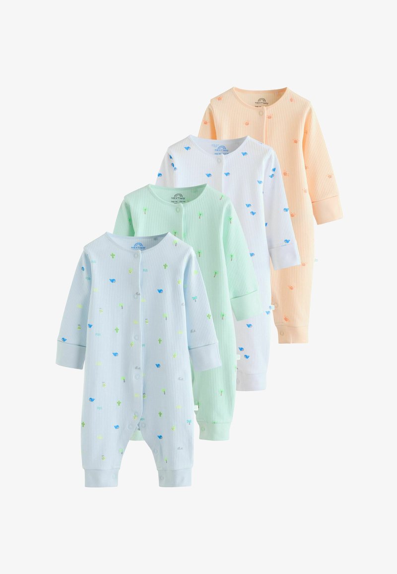 Quatre bodies pour bébé à manches longues côtelées en orange pastel, blanc, vert et bleu clair avec des petits motifs d'animaux et de plantes, fermeture à pressions sur le devant.