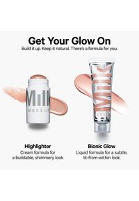Highlighter stick and Bionic Glow tube with peachy-pink cream and liquid swatches for buildable, natural shimmer and subtle glow makeup looks.