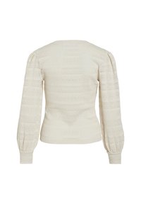White pullover sweater with textured fabric, fitted silhouette, and puffed long sleeves. Features a round neckline and subtle pattern.