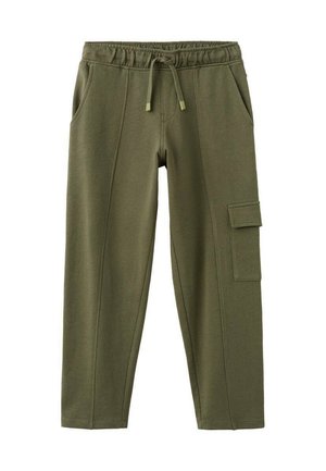 Pantalon de jogging vert olive en mélange de coton doux, avec une taille élastique à cordon, deux poches latérales et une poche cargo.
