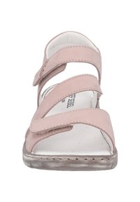 Světlé růžové sandály se třemi nastavitelými suchými zipy, hladkým koženým svrškem, měkkou bílou stélkou a odolnou šedou gumovou podrážkou.