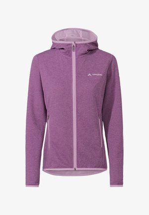 Giacca con cappuccio viola con zip, tasche laterali e logo Vaude sul petto, caratterizzata da tessuto strutturato e rifiniture rosa chiaro.