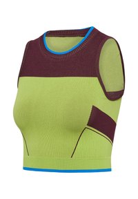 Tajt ärmlös crop top i grönt och vinrött med en ribbad textur. Har blå kant och kontrasterande paneler i ett geometriskt mönster.