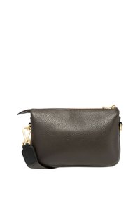 Borsa a tracolla in pelle marrone scuro con finitura texturizzata, cerniere dorate e tracolla nera rimovibile. Forma rettangolare compatta.