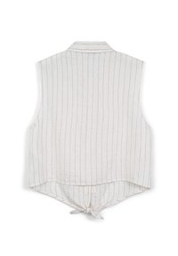 Top bianco senza maniche con strisce blu verticali, dotato di colletto a punta e orlo posteriore annodato. Realizzato in tessuto leggero.