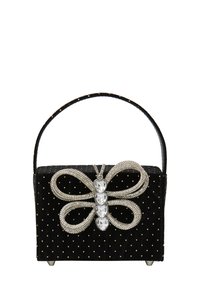 Sort fløyels håndtaske med guld prikker, en sløjfeformet rhinestone accent og en top-håndtag. Har metalliske fødder for stabilitet.