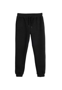 Zwarte joggingsbroek van een gestructureerde stof, met een elastische tailleband, koordsluiting en zijzakken. Tapered boorden bij de enkels.