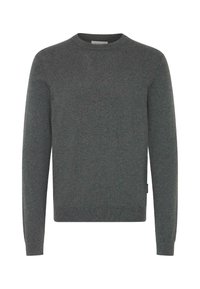 Donkergrijze, lange mouwen crewneck trui met geribbelde manchetten en zoom, gemaakt van zacht breiwerk.