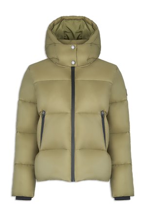 Giacca puffer verde oliva con cappuccio, dotata di zip frontale, due tasche laterali con zip e pannelli trapuntati testurizzati.