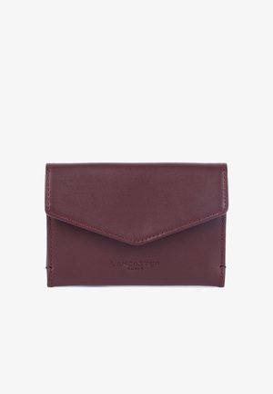 Burgundy leather wallet with envelope design, embossed logo, and stitched edges. Features a smooth texture and angular flap closure.