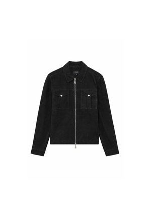 Black suede jacket featuring a collared neckline, front zipper, and two chest pockets with snap buttons. Tailored fit, long sleeves.