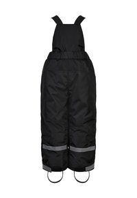 Schwarze gepolsterte Latzhosen mit verstellbaren Trägern, elastischem Bund und reflektierenden Akzenten an den Unterschenkeln; glatte Textur und funktionales Design.