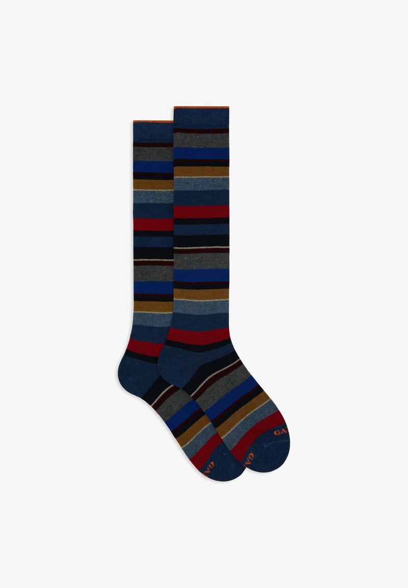 Calzini al ginocchio con righe orizzontali di diverse colorazioni: blu, rosso, grigio, marrone e nero. Tessuto liscio con bordi e punta di un colore uniforme.