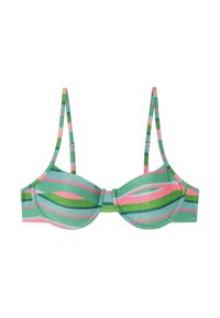 Top de bikini a rayas verdes y rosas con copas acolchadas, tirantes ajustables y un acabado brillante; forma redondeada y banda ancha.