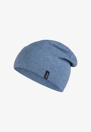 Cappello lavorato a maglia blu con vestibilità comoda; realizzato in tessuto morbido. Presenta un piccolo etichetta nera del produttore sul lato.