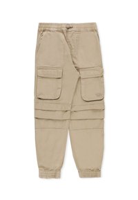 Pantaloni cargo beige realizzati in tessuto leggero, dotati di due ampie tasche anteriori e polsini elasticizzati alle caviglie. Vita piatta e vestibilità rilassata.