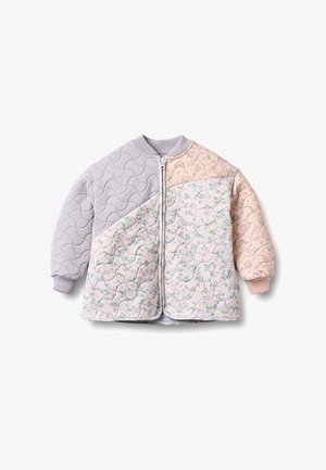 Veste matelassée pour enfants avec manches gris pastel et pêche, devant à motif floral, col et poignets côtelés, et fermeture éclair à l'avant.