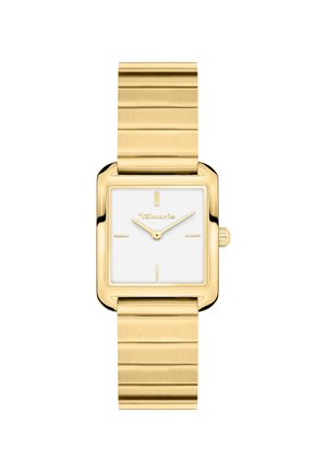 Goldfarbene rechteckige Uhr mit einem schlanken Metallarmband, weißem Zifferblatt, minimalistischen Markierungen und Logo oben. Hervorzuheben sind die polierten Akzente.
