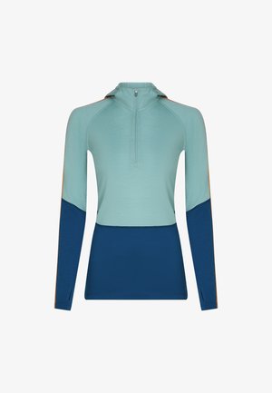 Long-sleeve athletic top with half-zip, color-blocked in light teal and dark blue, featuring thumb holes on the cuffs.