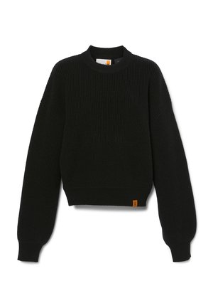 Zwarte gebreide trui met een ronde halslijn, verlaagde schouders, lange mouwen en een cropped design; voorzien van een klein oranje merklabel.