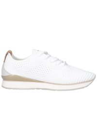 Bílé sportovní boty s texturovaným síťovaným svrškem, perforovaným designem a béžovým akcentem na podrážce; mají ploché tkaničky a polstrovanou stélku.