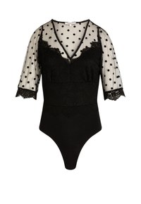 Zwarte bodysuit met kantdetails en doorschijnende stippenmouwen, met een V-hals en gekartelde randen op de schouders. Gladde textuur.
