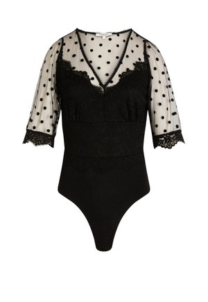 Bodysuit noir avec des détails en dentelle et des manches transparentes à pois, présentant un col en V et des bords festonnés aux épaules. Texture lisse.