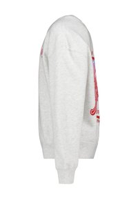 Light gray sweatshirt with a crew neckline, ribbed cuffs, and a graphic print featuring pink accents and colorful designs on the front.