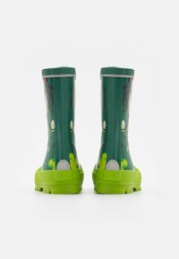 Bottes de pluie en caoutchouc vert avec une finition texturée, arborant des motifs de feuilles blanches et une semelle vert vif ; dessus lisse avec un bord contrastant.