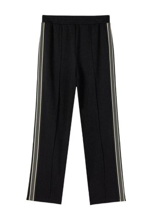 Zwarte broek met rechte pijpen, elastische tailleband en witte verticale strepen langs de buitenkant van elk been.