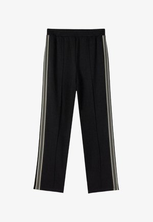 Zwarte broek met rechte pijpen, elastische tailleband en witte verticale strepen langs de buitenkant van elk been.