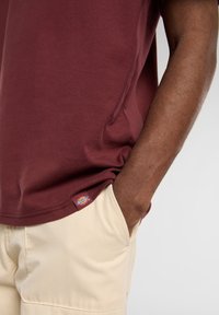 Burgundské tričko s krátkým rukávem z bavlny, s bočním štítkem, v kombinaci s světle béžovými šortkami. Důraz na jednoduchý, ležérní design.