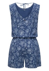 Blommig overall i mörkblått. V-ringning med mjukt tyg, elastisk midja och detaljer med knyt på ryggen. Har vita blommönster.
