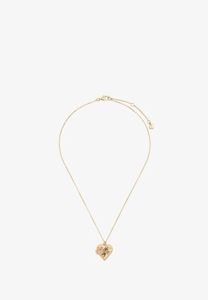 Goldbeschichtete Halskette mit einem herzförmigen Anhänger. Der Anhänger zeigt ein florales Design und eine Verschlussdetails. Die Kette ist zart und mit einer verstellbaren Länge.