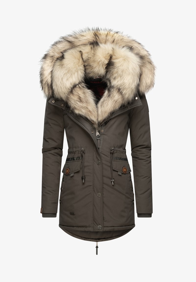 Parka gris foncé avec une capuche en fourrure synthétique, taille à cordon de serrage et boutons sur le devant. Comprend deux poches avant avec des accents de boutons.