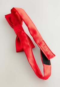 Röd satin fluga med en slät yta, med en klassisk bågform och ett justerbart svart band för fäste.