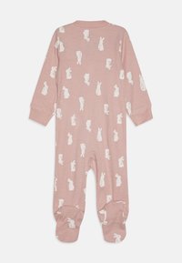 Body per neonati a righe rosa con motivi di coniglietti bianchi, maniche lunghe, design con i piedi e scollatura rotonda. Materiale in cotone morbido.