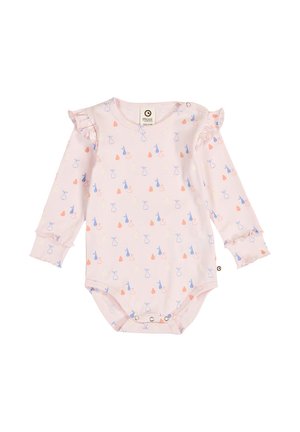 Babyrosa Langarm-Body mit gerafften Schultern, blauen und orangefarbenen Katzen- und Birnenmustern sowie Druckknöpfen am unteren Saum.