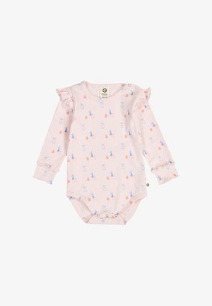 Babyrosa Langarm-Body mit gerafften Schultern, blauen und orangefarbenen Katzen- und Birnenmustern sowie Druckknöpfen am unteren Saum.