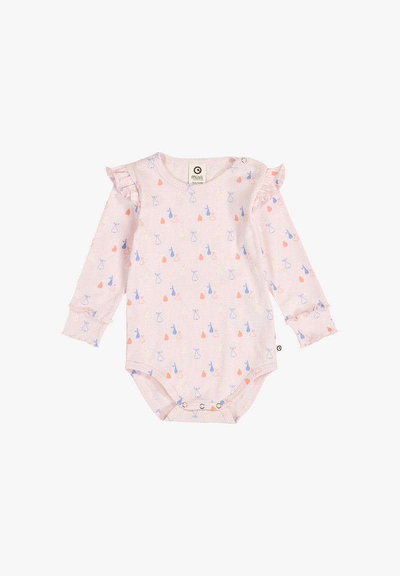 Body rose bébé à manches longues avec épaules volantées, motifs de chats bleus et oranges ainsi que de poires, et fermetures à pression au bas.