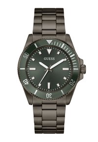 Montre Guess pour homme avec un cadran vert foncé, des index heures en argent, une lunette rotative et un bracelet en acier inoxydable.