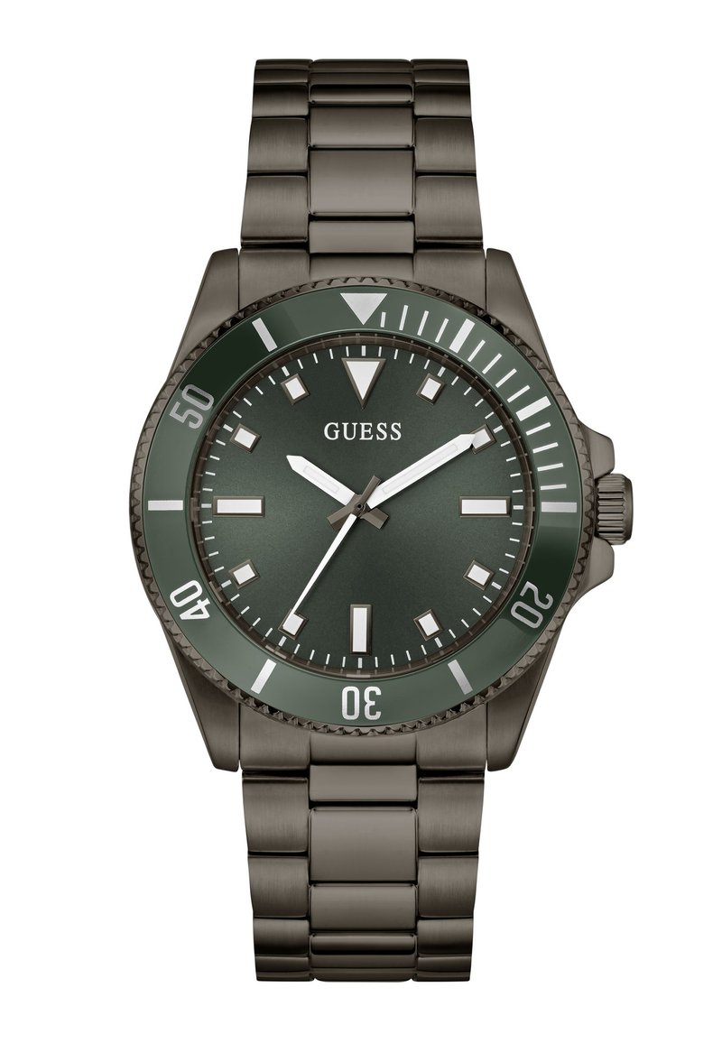 Montre Guess pour homme avec un cadran vert foncé, des index heures en argent, une lunette rotative et un bracelet en acier inoxydable.