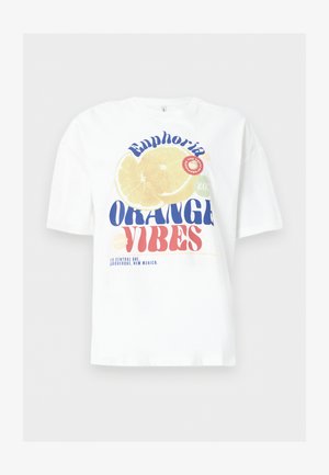 White short-sleeve T-shirt with graphic of orange slices and text "Euphoria Orange Vibes" in blue and red lettering.