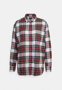Camicia a quadri rossa, verde e blu con colletto classico, chiusura con bottoni e tasca. Realizzata in tessuto morbido e con maniche lunghe.