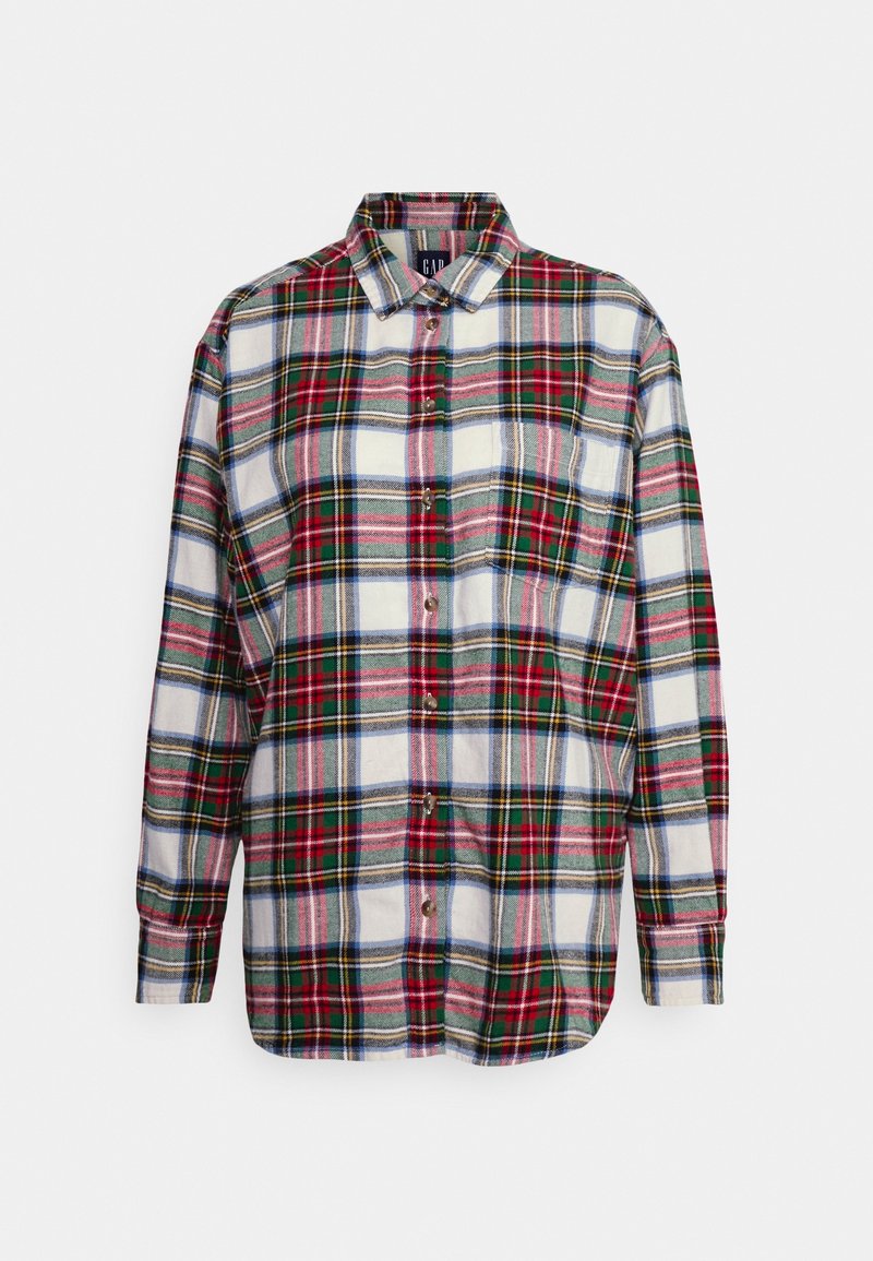 Camicia a quadri rossa, verde e blu con colletto classico, chiusura con bottoni e tasca. Realizzata in tessuto morbido e con maniche lunghe.