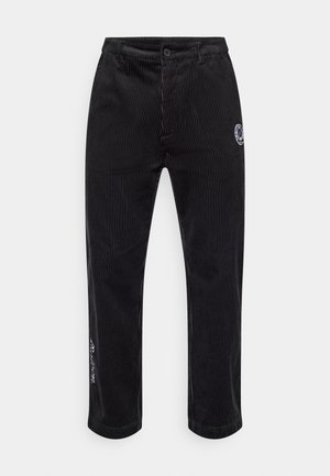 Črne manšestrske hlače z navpičnimi črtami, gumbno zaponko, elastičnim pasom in vezenim logotipom na levi nogi.