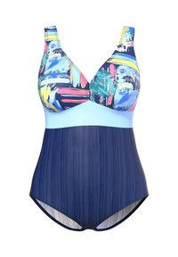 Maillot de bain avec un imprimé abstrait multicolore sur le haut et une section centrale bleu clair uni ; bas texturé bleu foncé ; bretelles ajustables.