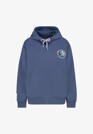 Marineblaue Kapuzenjacke mit Kordelzug, mit einem Grafiktext "Flower Lover Live for Happiness" auf der Vorderseite. Weicher Baumwollmix.