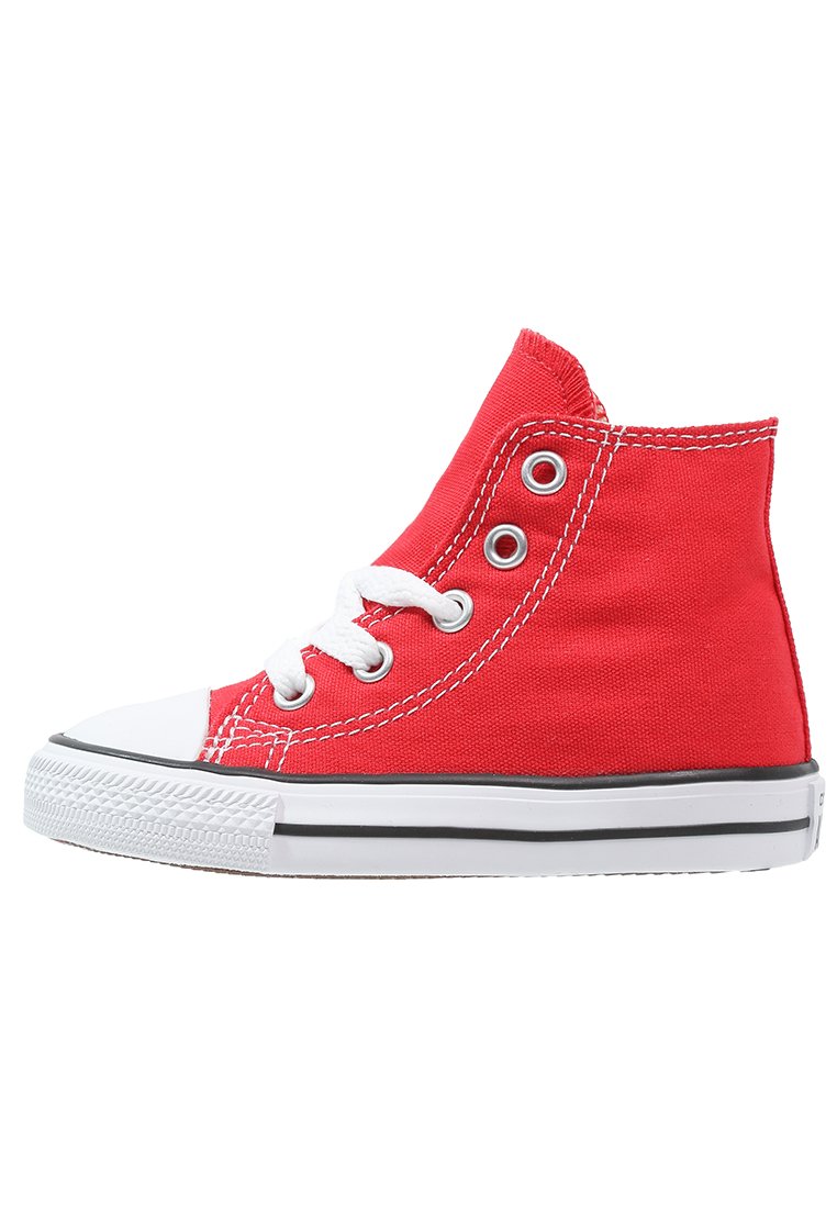 Rote Leinenschuhe im High-Top-Stil mit weißen Schnürsenkeln, Gummizehenschutz und schwarzem Streifen an der Sohle. Enthält metallische Ösen und strukturierten Stoff.