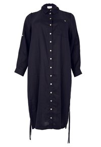 Hemdblusenkleid aus dunkelblauem Leinen mit Knopfleiste, langen Ärmeln, Kragen und einer Brusttasche auf der linken Seite. Mit seitlichen Schlitzern und Kordelzügen.